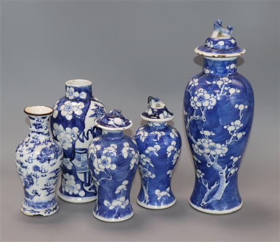 Five 19th century Chinese blue and white vases, three covers tallest 28cm